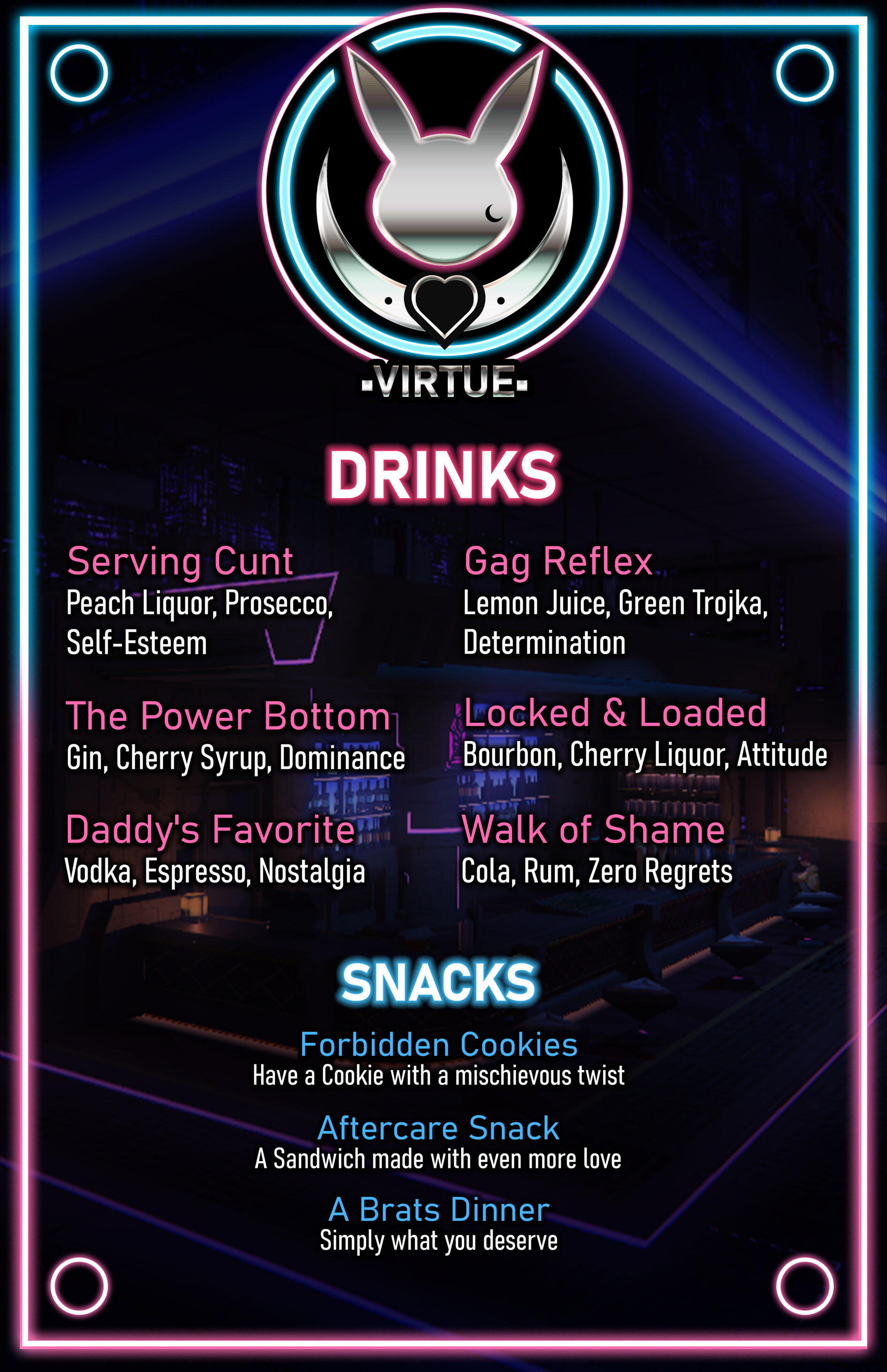 Menu Menu card displaying possible drinks and dishes available to order