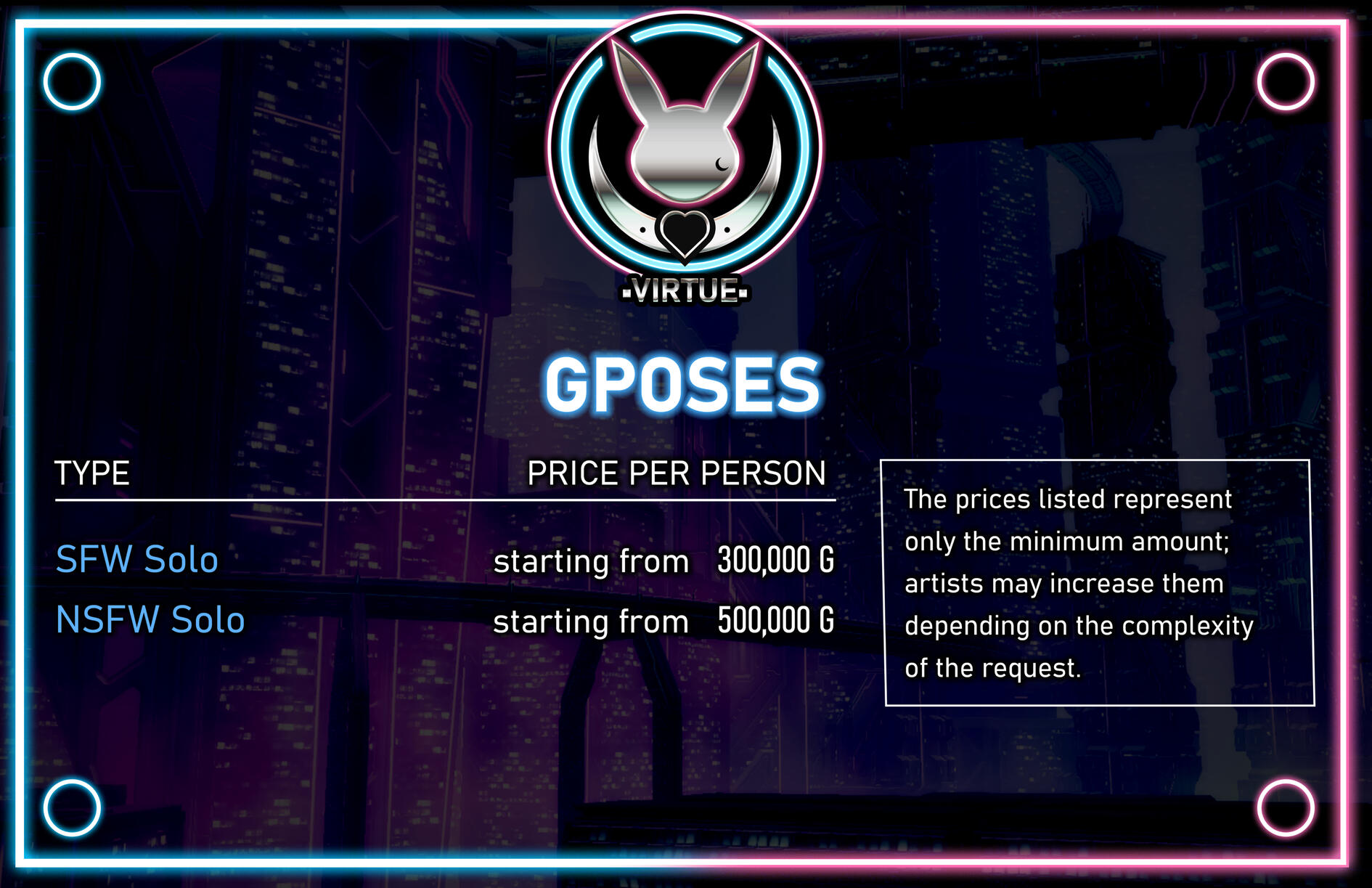 Prices for Gposes. Safe for Work starts from 300,000 Gil, NSFW starts from 500,000 Gil