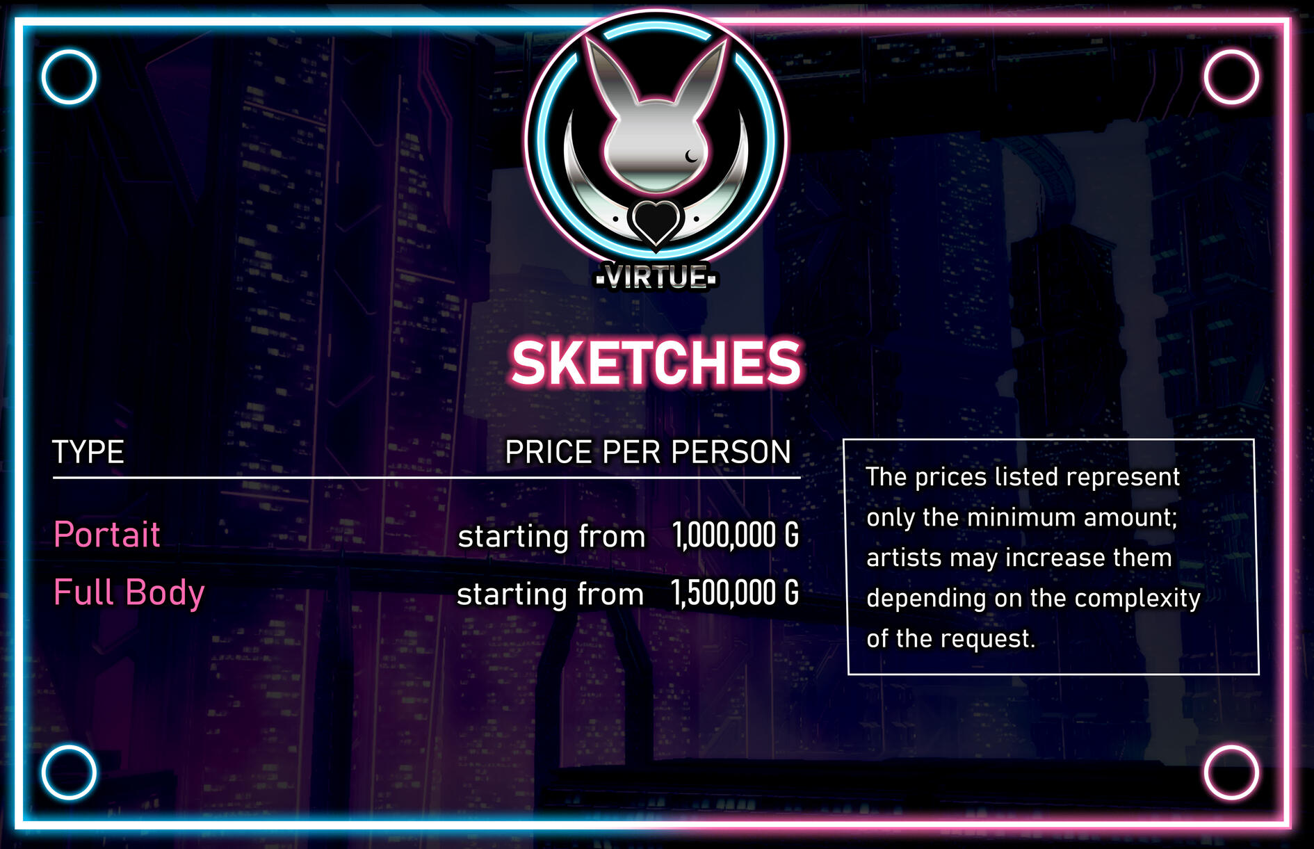 Prices for Gposes. Portrait starts from 400,000 Gil, Full Body from 700,000 Gil and NSFW from 1,000,000 Gil